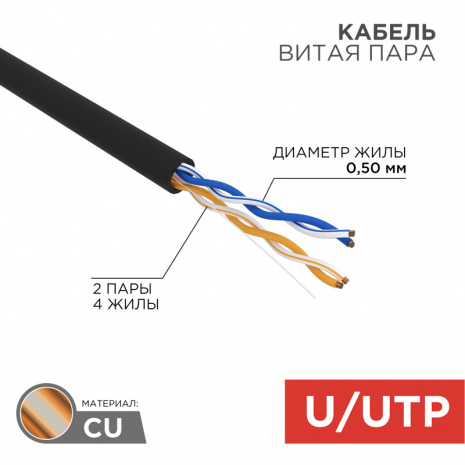 U/UTP 2*2*0,5 CAT 5e PE 2PR 24AWG OUTDOOR кабель черный 305 м REXANT