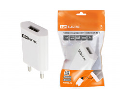 Сетевое зарядное устройство, СЗУ 1, 1 А, 1 USB, белый, TDM