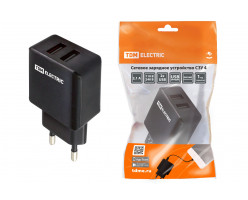 Сетевое зарядное устройство, СЗУ 4, 2,1 А, 2 USB, черный, TDM