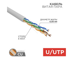 U/UTP CAT 5e PVC 4PR 24AWG INDOOR серый 50м REXANT
